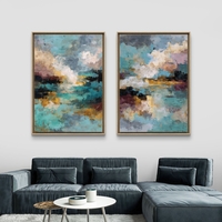 זוג תמונות קנבס מופשטות בגווני טורקיז, זהב ואפור, בהדפסה חלקה ואיכותית, מסדרת NEXTGEN של תכשיט לבית.