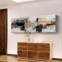 תמונת קנבס פנורמית אבסטרקטית בגווני שחור, לבן ואפור עם נגיעות זהב בעיצוב מודרני ויוקרתי