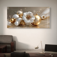 פרחי פנינה וזהב על זכוכית – תמונת זכוכית אלגנטית בגווני שמנת וזהב | GX4173