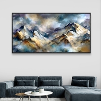תמונת קנבס נוף הרים אמנותי בגווני כחול זהב ואפור – תכשיט לבית