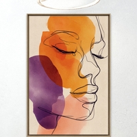 תמונת קנבס של דמות נשית בסגנון קווי עם כתמי צבע בגווני כתום וסגול – NEXTGEN BY BAR