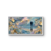 ציור זוג אמנותי בגווני כחול, סגול וזהב עם אווירה רכה ואלגנטית