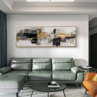 תמונת קנבס פנורמית אבסטרקטית בגווני שחור, לבן ואפור עם נגיעות זהב בעיצוב מודרני ויוקרתי