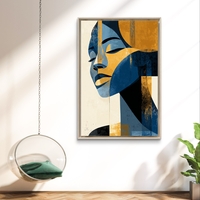 תמונת קנבס מודרנית של דיוקן נשי בגווני כחול וזהב בסגנון גאומטרי – תכשיט לבית