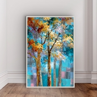 תמונת קנבס עם עצים אמנותיים בגווני תכלת, טורקיז וזהב, בעיצוב מודרני ומרגיע לבית