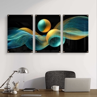 שלישיית תמונות זכוכית אבסטרקטיות עם גלים וכדורים בגווני טורקיז וזהב על רקע שחור