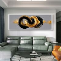 קשר אינסוף – תמונת קנבס פנורמית עם טבעות מכחול בשחור וזהב על רקע אפור | CT4673