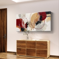 תמונת קנבס לרוחב בסגנון אבסטרקט עם מעגלים וקווים עדינים בגוונים חמים של אדום, בז’ וחרדל, לעיצוב סלון מודרני