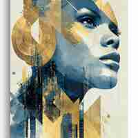 תמונת זכוכית עם דמות נשית בפרופיל, אלמנטים גאומטריים בגווני כחול וזהב ועיצוב מודרני ואלגנטי לקיר