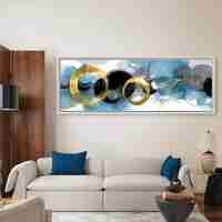 תמונת קנבס פנורמית מודרנית בגווני תכלת שחור וזהב עם מעגלים מוזהבים – תכשיט לבית