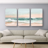 שלשת תמונות זכוכית חוף פסטלי בגווני טורקיז, שמנת ואפרסק – דגם GG5471