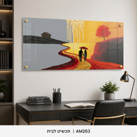 זוג הולך בשביל אדום לעבר שקיעה זהובה – תמונת זכוכית לרוחב – דגם AM263
