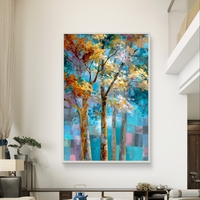 תמונת קנבס עם עצים אמנותיים בגווני תכלת, טורקיז וזהב, בעיצוב מודרני ומרגיע לבית