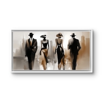 תמונת קנבס לרוחב עם דמויות אופנתיות בגווני שחור ובז׳ בסגנון עירוני אלגנטי, בהדפסה חלקה לעיצוב מודרני ויוקרתי.