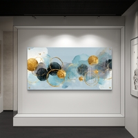 תמונת זכוכית לרוחב עם כתמי כחול ומעגלי זהב במראה אבסטרקטי מודרני, הדפסה חלקה ללא תבליט