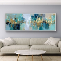 אמנות אבסטרקטית רחבה לקיר עם שילוב זהב וטורקיז.