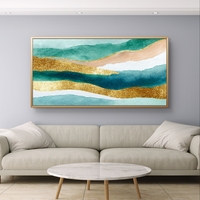 תמונת קנבס אבסטרקט טורקיז וזהב לרוחב – גלי אקוורל יוקרתיים | CJ6531