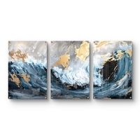 שלשת תמונות זכוכית גלים אבסטרקטיים בכחול, לבן וזהב – דגם GG5472