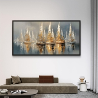 תמונת קנבס לרוחב עם סירות מפרש בגווני כחול ושמנת עם נגיעות זהב, משתקפות במים בעיצוב רגוע ויוקרתי לסלון.