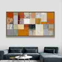 תמונת קנבס בסגנון פסיפס מופשט בגווני כתום, שמנת ואפור, בהדפסה חלקה ללא תבליט מקולקציית תכשיט לבית.