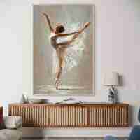 תמונת קנבס של רקדנית בלט לבושה בשמלה לבנה בתנועה אלגנטית, מודפסת בהדפסה חלקה ואיכותית מקולקציית NEXTGEN BY BAR.