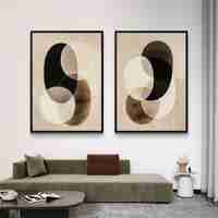 זוג תמונות קנבס אבסטרקטיות בגווני שמנת, שחור וקפה – דגם DA2221