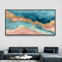 תמונת קנבס לרוחב בעיצוב אבסטרקטי עם זרימה בגווני תכלת, ורוד וקווים זהובים