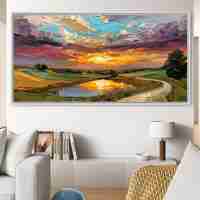 תמונת קנבס לרוחב של שקיעה צבעונית מעל אגם עם עננים דרמטיים ושדות ירוקים – NEXTGEN BY BAR