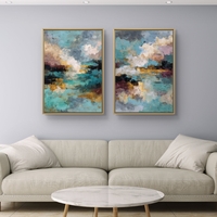 זוג תמונות קנבס מופשטות בגווני טורקיז, זהב ואפור, בהדפסה חלקה ואיכותית, מסדרת NEXTGEN של תכשיט לבית.