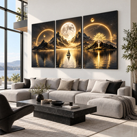 שלישיית קנבס ירח מלא ונוף הרים בגווני זהב ושחור | דגם TS7692
