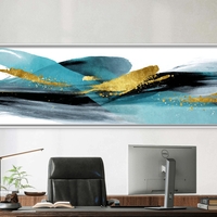 תמונת קנבס פנורמית עם גלים מופשטים בגווני טורקיז ושחור ונגיעות זהב – גלי זהב