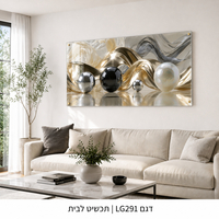 כדורי מתכת וגלי משי זהב – תמונת זכוכית לרוחב אבסטרקט תלת מימדי בגווני זהב כסף ושחור