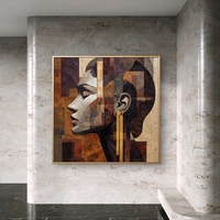 תמונת קנבס מרובעת עם דיוקן נשי אבסטרקטי בפרופיל, בגווני חום, בז’ וזהב, הדפסה חלקה ללא תבליט