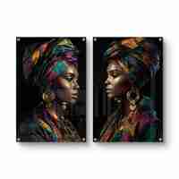 סט תמונות זכוכית זוגי עם דמות נשית בטורבן צבעוני בעיצוב דרמטי ויוקרתי