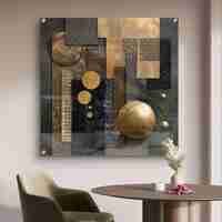 תמונת זכוכית מרובעת בעיצוב אבסטרקט גאומטרי בגווני שחור וזהב עם אלמנטים עגולים ומלבניים
