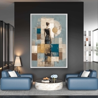 תמונת קנבס של דמות נשית בגב לצופה עם קומפוזיציה גאומטרית בגווני תכלת, קרם וחום בהדפסה חלקה