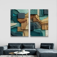 תמונת זכוכית זוגית בעיצוב אבסטרקטי עם שכבות גאומטריות בגווני ירוק, עץ וחומים, מודפסת בהדפסה חלקה ומודרנית