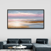 תמונת קנבס לרוחב בסגנון אבסטרקט נופי עם שכבות צבע רכות בגווני תכלת, ורוד ובז’, לעיצוב סלון רגוע ומואר