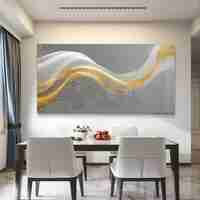 תמונת זכוכית לרוחב עם גל אבסטרקטי בגווני אפור וזהב בעיצוב יוקרתי