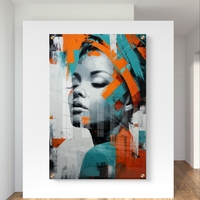 תמונת זכוכית פורטרט מודרני בגווני טורקיז וכתום עם הדפסה חלקה ללא תבליט – תכשיט לבית