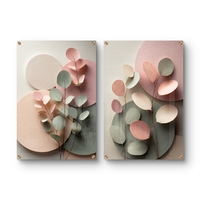 תמונת זכוכית זוגית בעיצוב עדין עם עלים וצורות פסטל בגווני ורוד וירוק