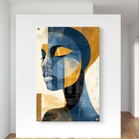 תמונת זכוכית מודרנית של פרופיל נשי מופשט בגווני כחול וזהב – תכשיט לבית