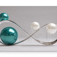 תמונת זכוכית בהדפסה חלקה עם עיצוב אינסוף מתכתי וכדורים מבריקים בגווני טורקיז ולבן, בסגנון מודרני ויוקרתי.