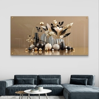 אגרטלים נואר – תמונת זכוכית טבע דומם עם אגרטלים שחור-זהב ופריחה מעוצבת | PN1005