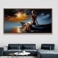 תמונת קנבס של אישה יושבת בסירה מול שקיעה זהובה, בהדפסה חלקה ללא תבליט, מקולקציית תכשיט לבית.