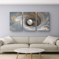 סט שלישייה של תמונות זכוכית אבסטרקטיות בגווני תכלת, לבן וזהב עם כדור מרכזי ועיצוב מודרני