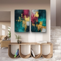 תמונת זכוכית זוגית אבסטרקטית בגווני טורקיז ובורדו עם נגיעות זהב, הדפסה חלקה ללא תבליט