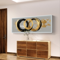 תמונת קנבס פנורמית אבסטרקטית עם מעגלים בגווני שחור וזהב על רקע אפור בעיצוב מודרני ויוקרתי