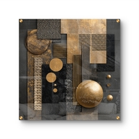 תמונת זכוכית מרובעת בעיצוב אבסטרקט גאומטרי בגווני שחור וזהב עם אלמנטים עגולים ומלבניים