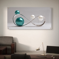 תמונת זכוכית בהדפסה חלקה עם עיצוב אינסוף מתכתי וכדורים מבריקים בגווני טורקיז ולבן, בסגנון מודרני ויוקרתי.